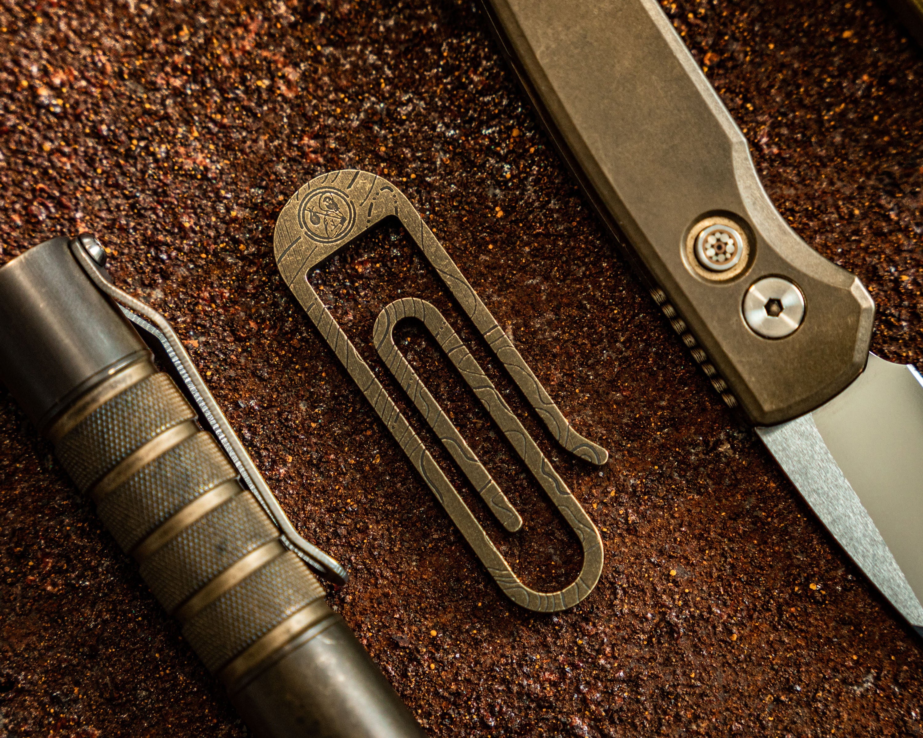 Carry Commission x JRW Gear Topo Tough Clip – Titanium & Brass Key Clip